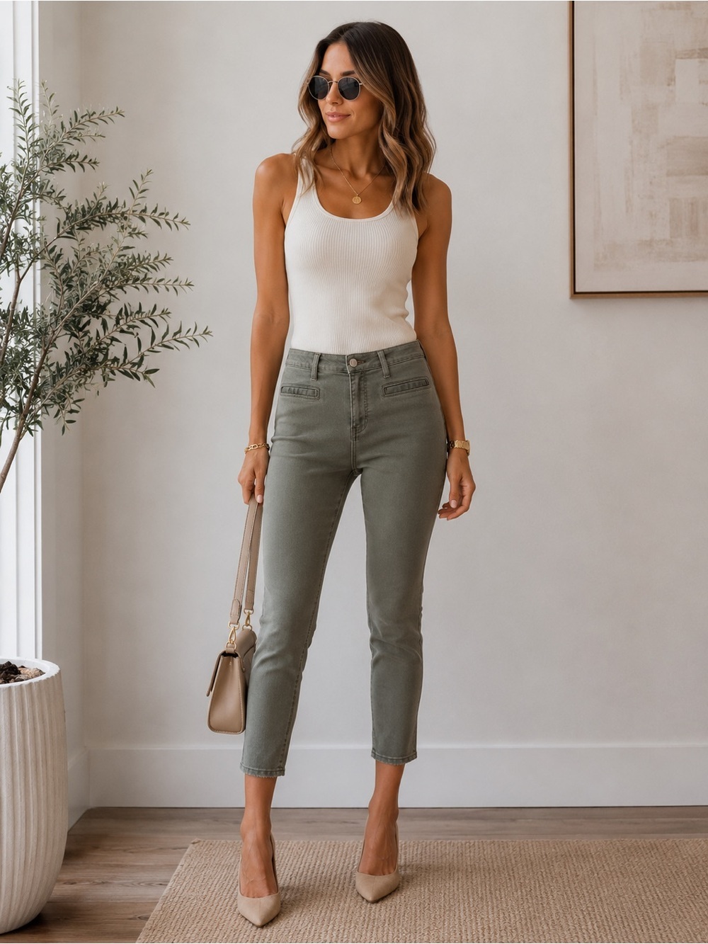 Just Black Low Rise Dark Olive Green Skinny Ankle Crop Jeans cotton stretch 29